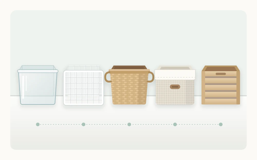 Five empty containers in a row: a clear plastic bin, a coated wire basket, a woven basket, a lined fabric bin and a slatted bamboo box
