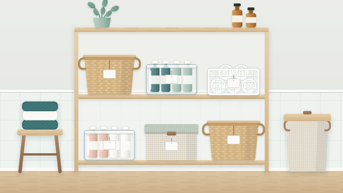 A bathroom shelf unit with six containers in two rows: woven baskets, clear bins, a wire basket of rolled towels and a lidded fabric box