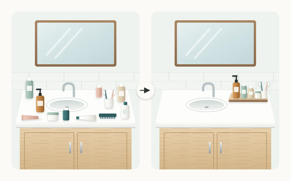 Two counters side by side, one with bottles and tubes scattered everywhere, one with five items gathered on a tray in a back corner
