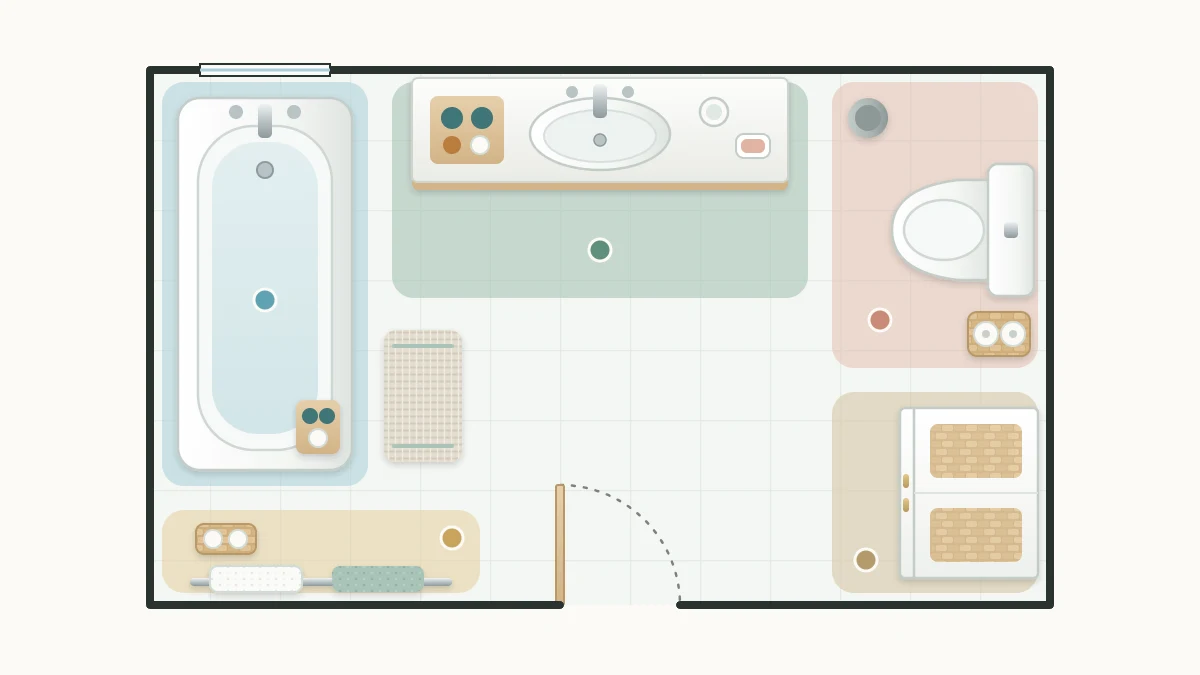 A simple bathroom floor plan seen from above with the vanity, toilet, bathtub and tall cabinet areas each tinted a different soft color