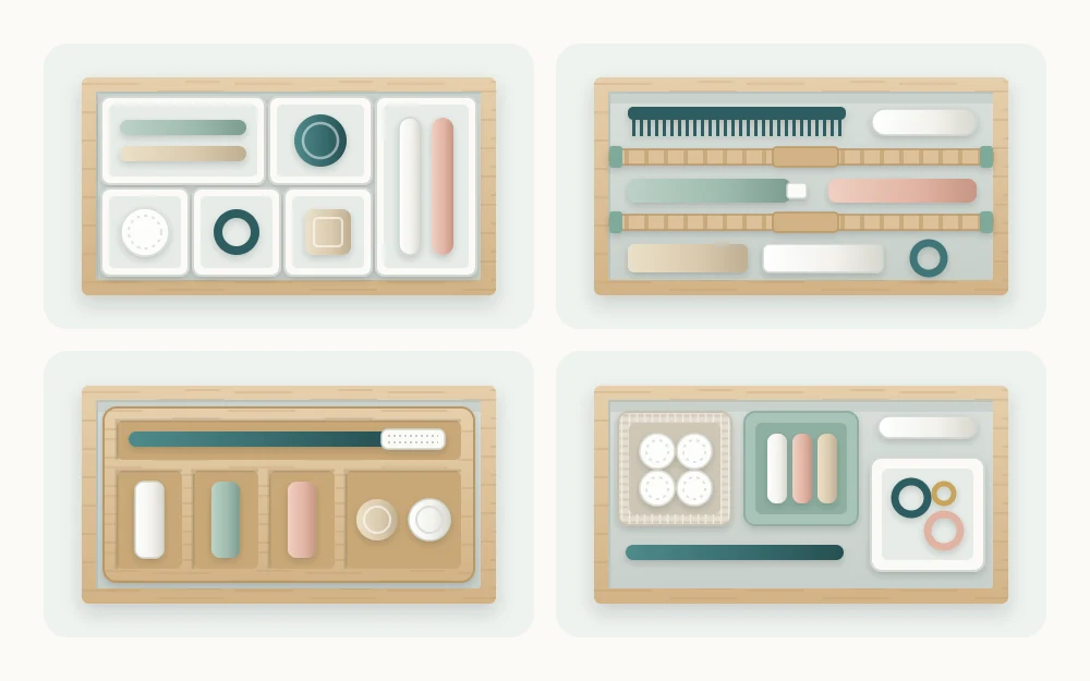 Four divider types seen from above: small modular trays, two long expandable dividers, a one-piece compartment tray and three open boxes