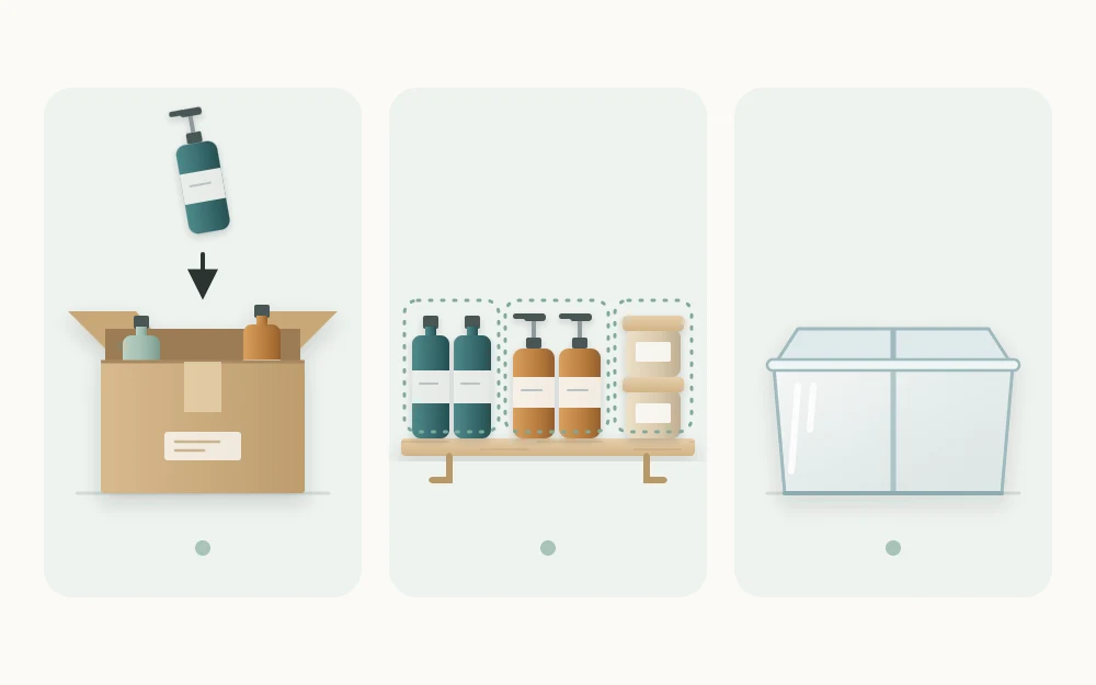 Three tiles in a row: a cardboard box receiving bottles, a shelf with three groups of matching bottles, and an empty clear divided bin