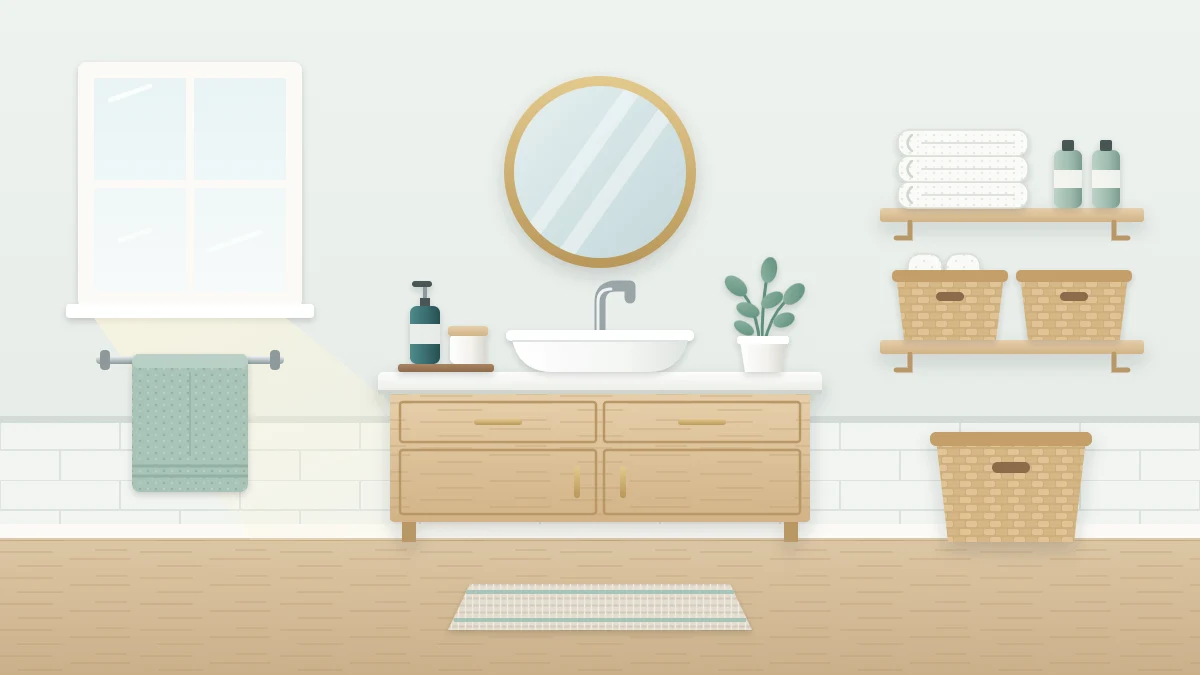 A tidy bathroom with a pale oak vanity, a round mirror, and two wall shelves holding folded white towels, baskets and a small plant
