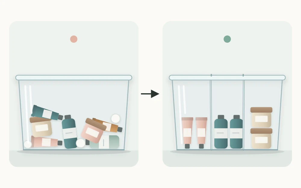 Before and after pair: a deep bin with small items heaped together, then the same bin with dividers and items in neat rows