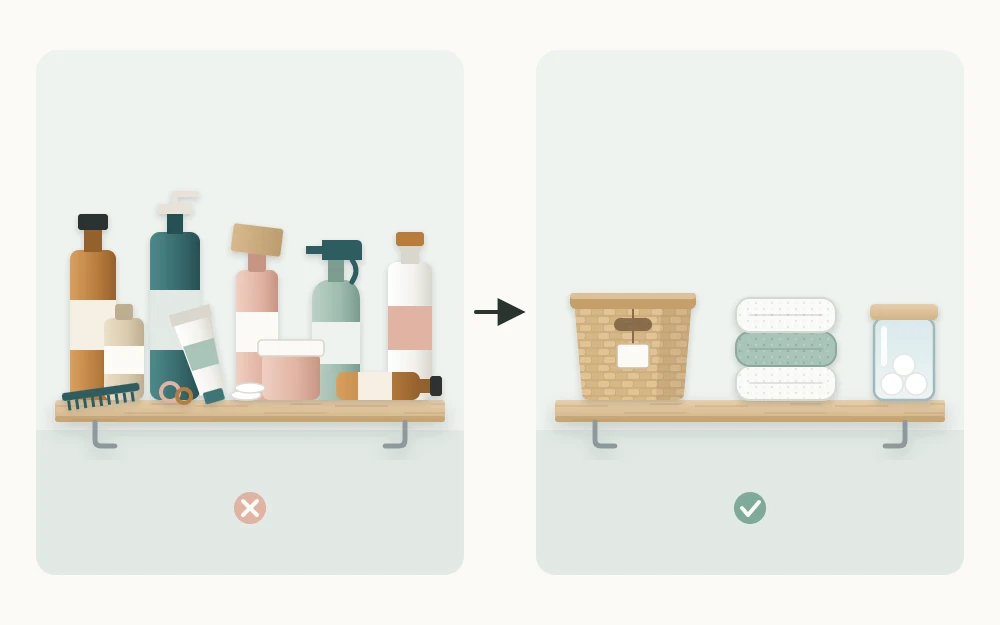 The same shelf shown twice: crowded with mixed bottles and loose items on the left, and holding one basket, folded towels and a jar on the right