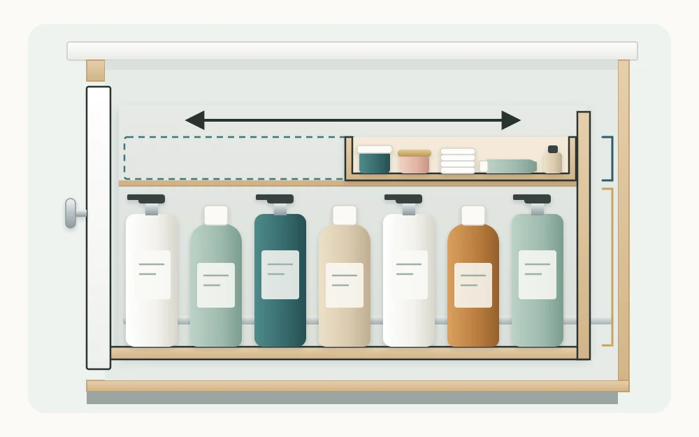 Side cutaway of a deep drawer with a shallow sliding tray of small items on top and tall bottles standing below