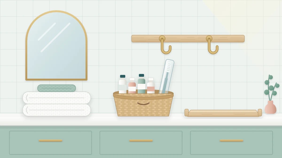 A guest bathroom counter with folded towels and a washcloth, an open basket of travel bottles, an empty tray and two wall hooks