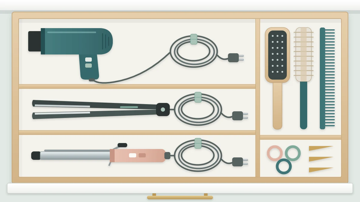 A deep drawer seen from above with long compartments for a hair dryer, a flat iron and a curling iron, plus brushes and combs