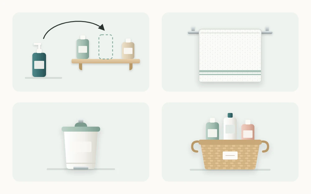 Four tiles showing a bottle returning to a shelf, a towel spread on a bar, a small lidded bin, and a basket of spare bottles