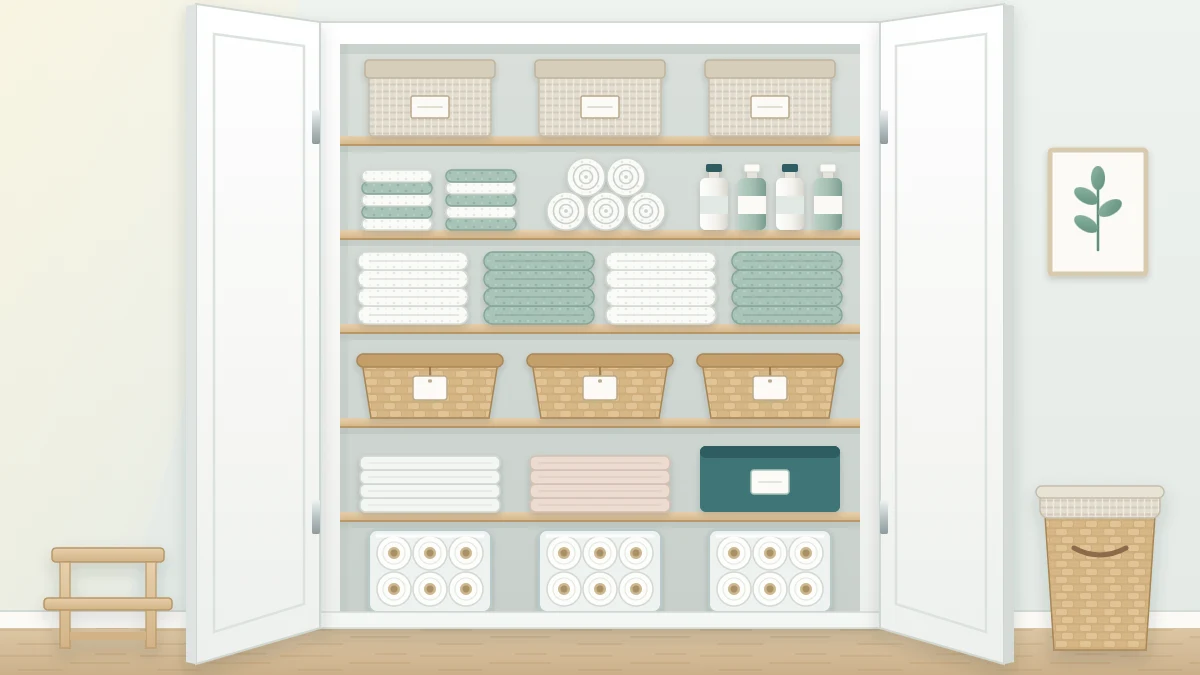An open linen closet with five shelves: folded towels at eye level, baskets below, lidded boxes on top and toilet paper on the floor