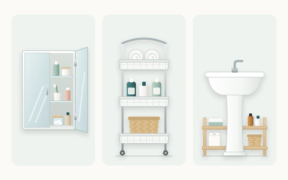 Three options side by side: a mirror cabinet with one door open, a slim three-shelf rolling cart, and a low shelf unit around a pedestal base