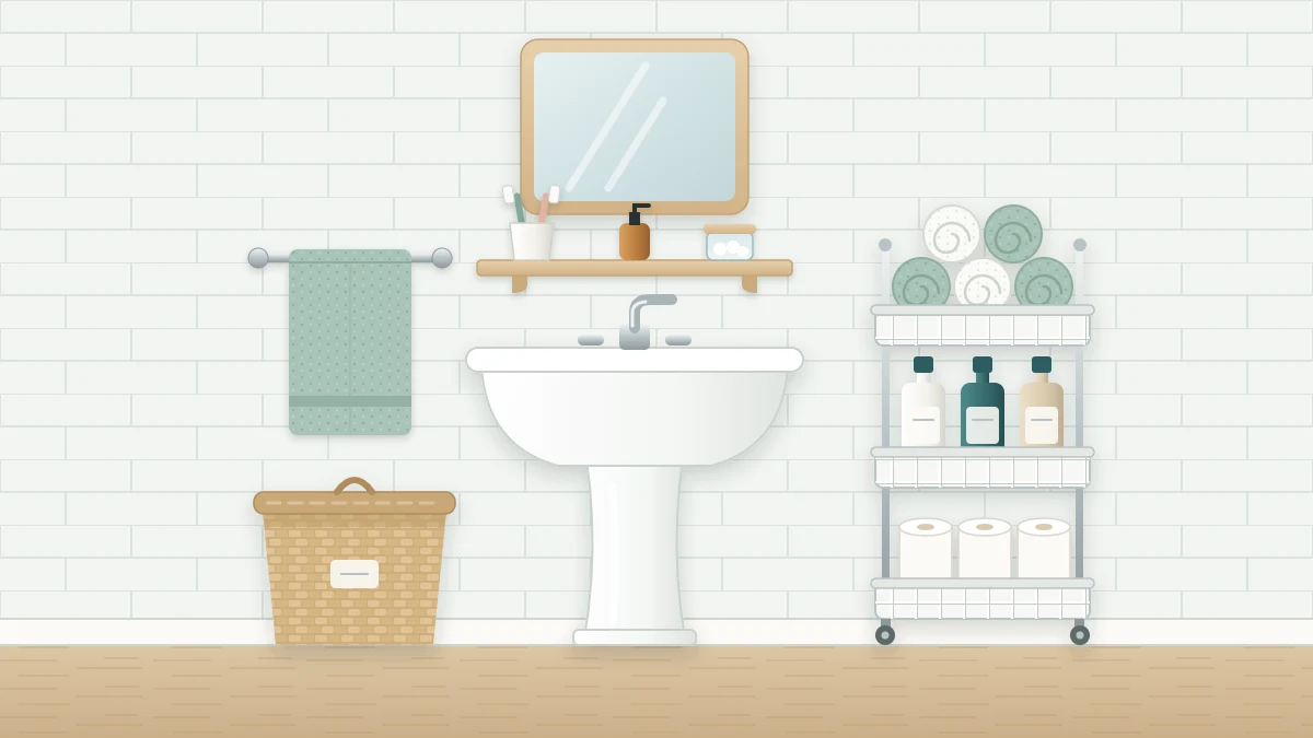 A white pedestal sink with a narrow shelf and mirror above, a slim three-tier cart of towels and bottles beside it and a lidded basket on the floor
