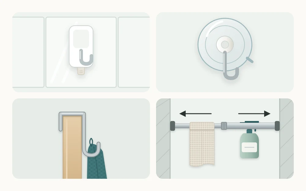 Four no-drill fixings: an adhesive hook on a tile, a suction cup with a hook, an over-the-door hook and a tension rod between two walls