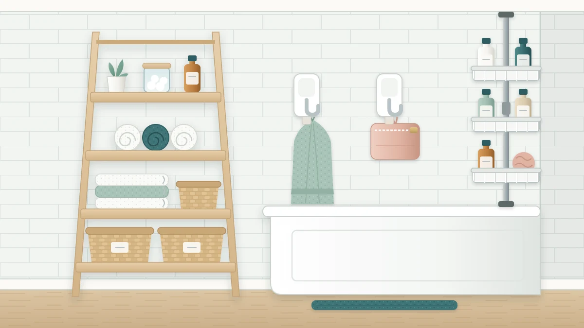 A rental bathroom corner with a slim ladder shelf of towels and baskets, a tension pole caddy in the tub corner and two adhesive hooks on tile