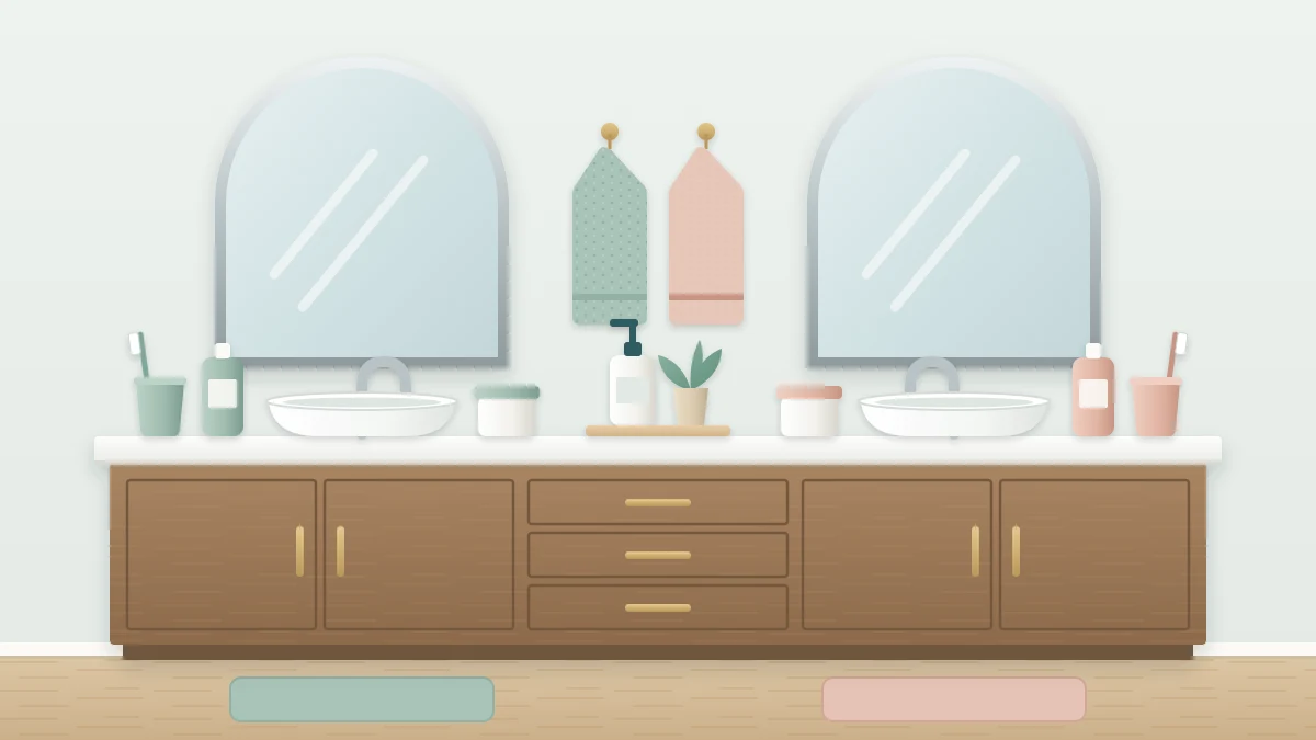 A double vanity with two sinks and two mirrors, each side with its own set of items in a different accent color and a shared tray in the middle