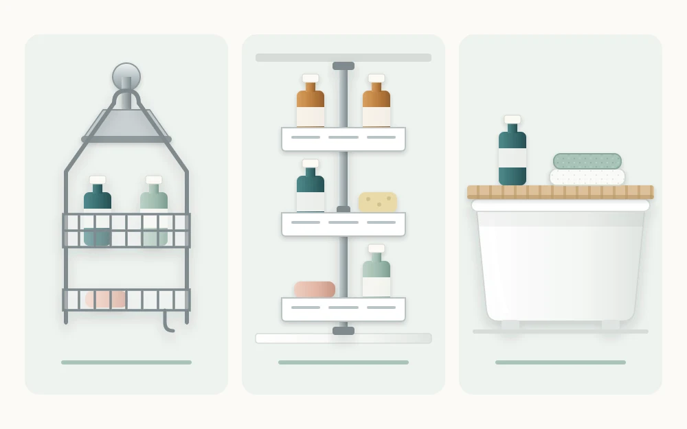 Three shower storage options: a hanging caddy with two bottles, a tension pole with three small shelves and a tray across a bathtub