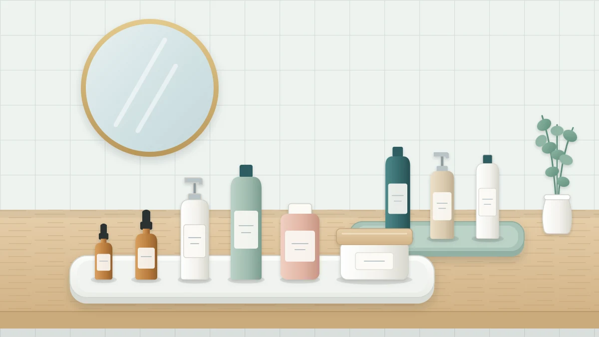 A shallow tray on a bathroom shelf with six skincare containers lined up in a row and a second smaller tray behind it