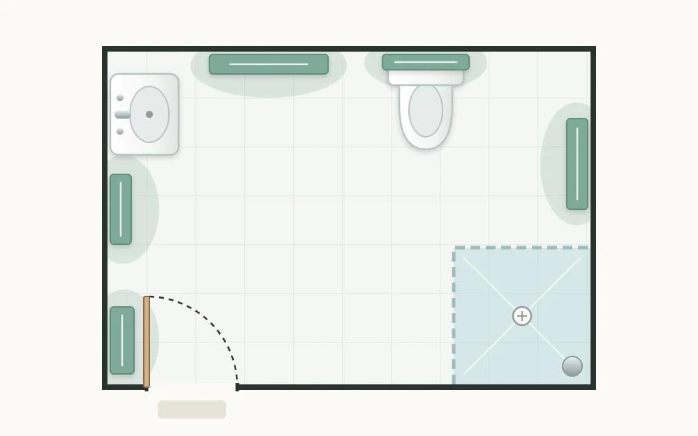 A small bathroom floor plan from above with a toilet, sink and shower, and five green blocks marking storage spots along the walls