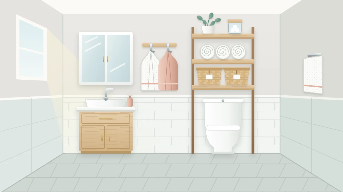 A very small bathroom seen from the doorway with a narrow vanity, a mirror cabinet, a shelf unit over the toilet, wall hooks and a clear floor