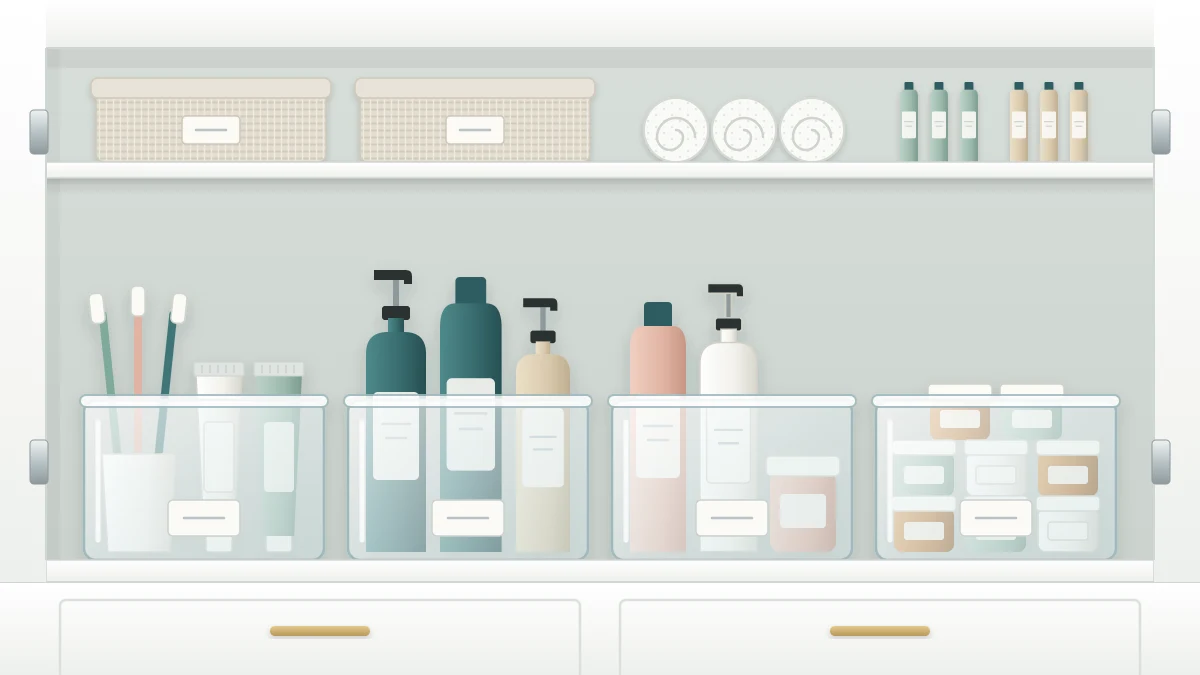 A cabinet shelf with four open bins in a row, each holding one kind of toiletry with every bottle standing upright