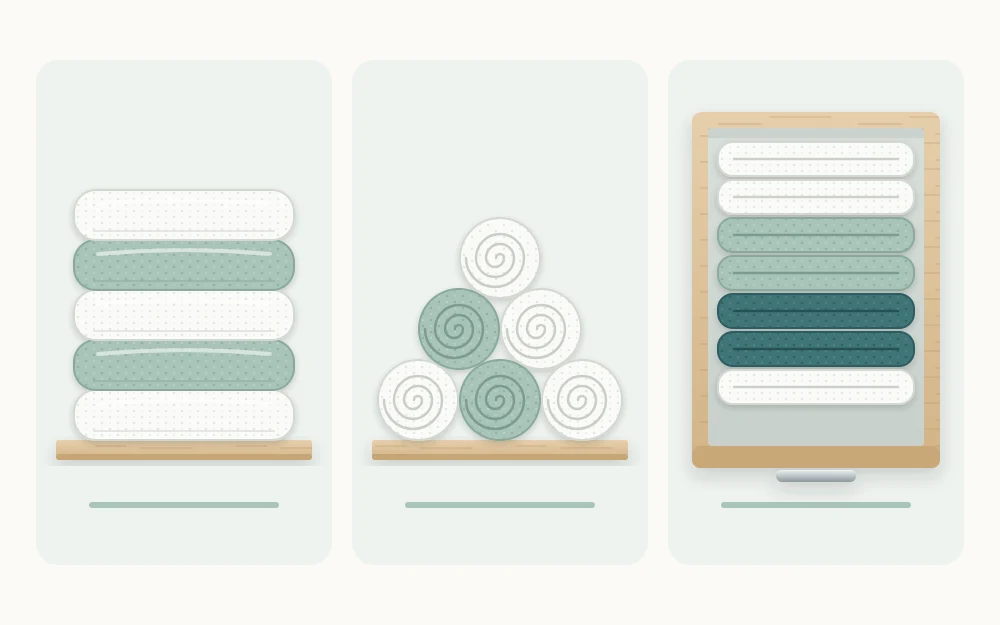 Three towel folds: a stack folded in thirds with smooth edges facing front, a pyramid of rolled towels and a drawer of towels standing on edge
