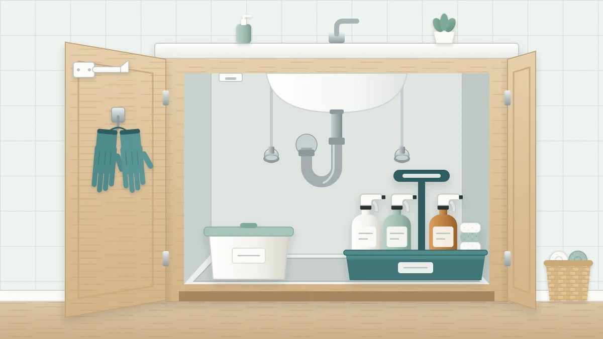 An open under-sink cabinet with a handled caddy of three upright spray bottles and a cloth, gloves on a hook and a safety latch on the door edge
