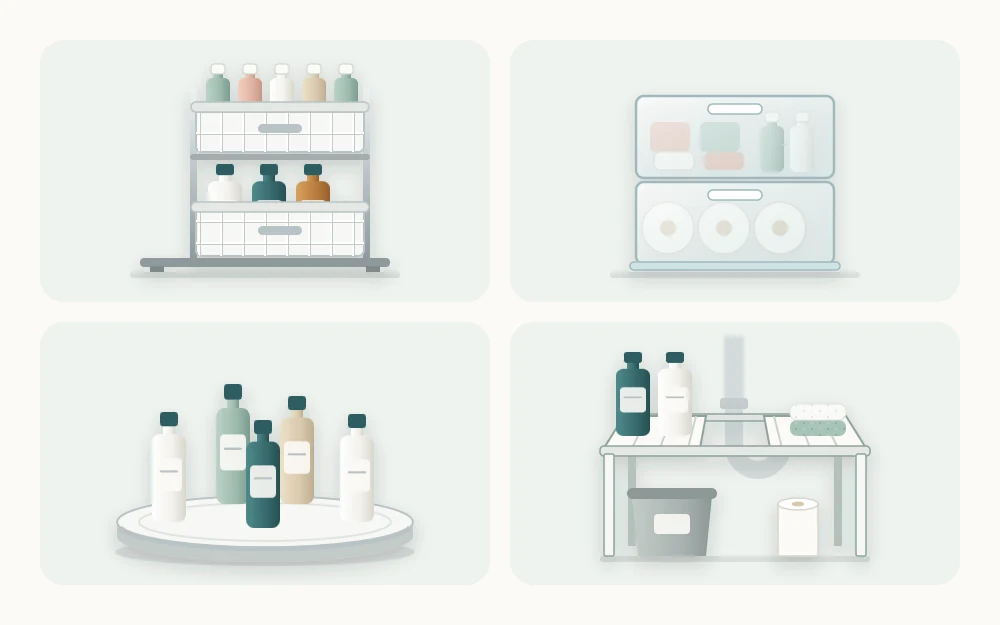 Four organizer types shown as tiles: a two-tier sliding basket unit, two stacked clear drawers, a round turntable with bottles and an expandable shelf with a center gap