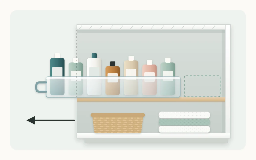 Side cutaway of a deep cabinet shelf with a long narrow handled bin partly pulled out, bottles standing in it front to back