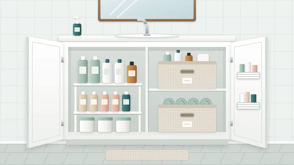 An open two-door vanity cabinet with a two-tier shelf riser holding rows of bottles, two handled bins and a slim rack inside one door