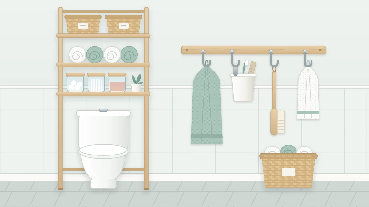 A bathroom wall with a tall three-shelf unit over the toilet tank holding baskets and towels, beside a wall rail with four hooks