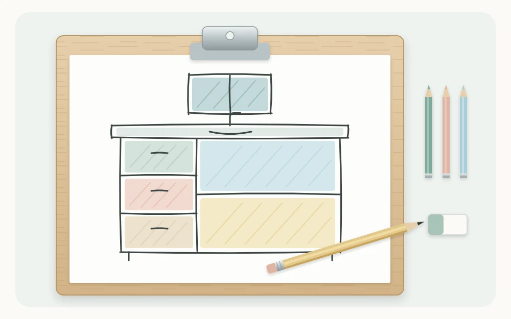 A sheet on a clipboard with a simple hand-drawn outline of a vanity, each area shaded a different soft color, and a pencil